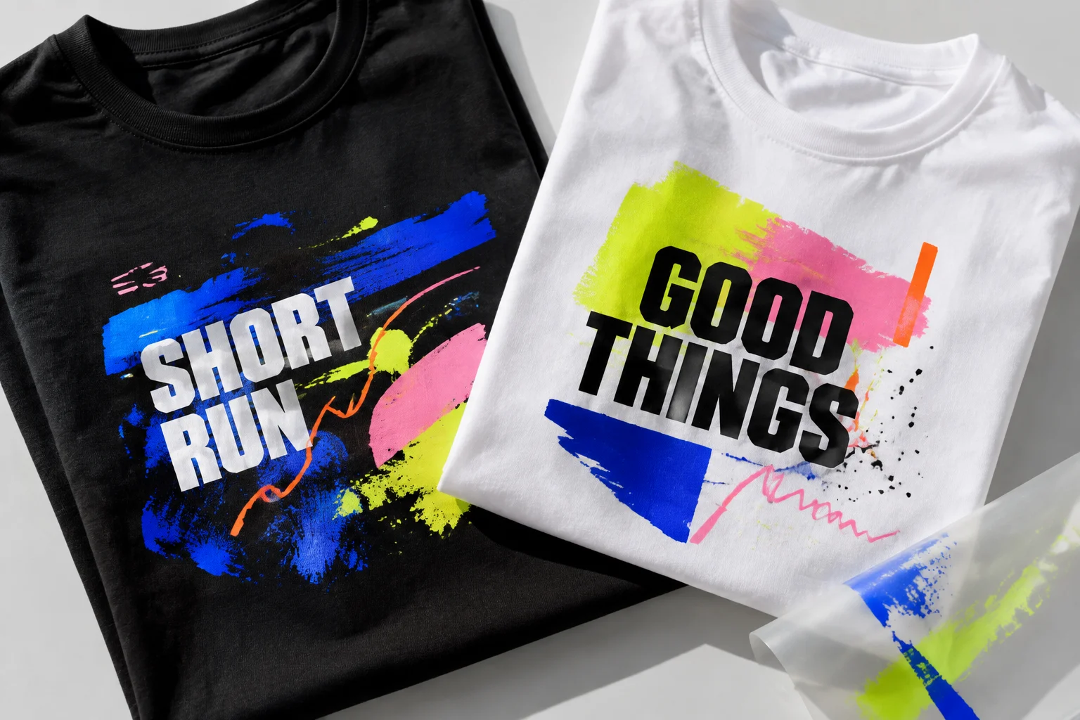 Illustrative custom T-shirt designs with colorful artwork on black and white cotton